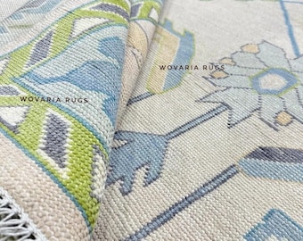 8x10 / 9x12 Oushak Teppich Elfenbein Blau Grün Blumenmuster Handgeknüpfter Wollteppich Türkischer Stil Teppich Weicher Pastell Teppich für Wohnzimmer Dekor