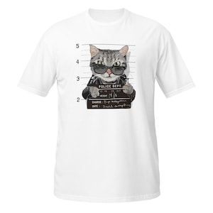 Mugshot Cat Police T-Shirt | Funny Cat Crime Graphic Tee | Cool Police Department Cat Shirt | Bad Cat Arrested Streetwear Top