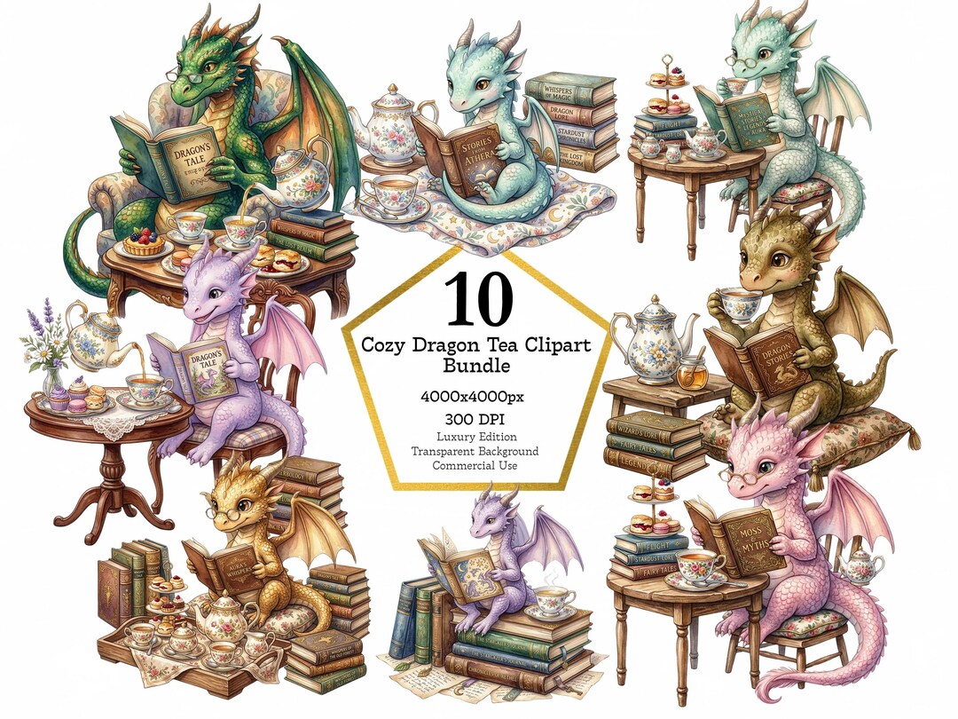 Cozy Dragon Tea Clipart Bundle, Cute Dragon Drinking Tea PNG, Fantasy ...