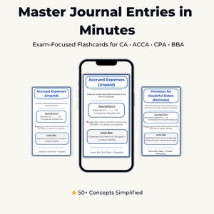 Könnte beinhalten: Ein Smartphone und Karteikarten mit Buchhaltungsbegriffen. Der Bildschirm zeigt "Accrued Expenses (Unpaid)" und "Journal Entry" Details. Zwei Karteikarten auf jeder Seite zeigen ähnliche Informationen. Der Text lautet "Master Journal Entries in Minutes".