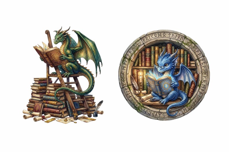 Dragon Library Clipart Bundle, Cute Reading Dragon PNG, Fantasy Book ...