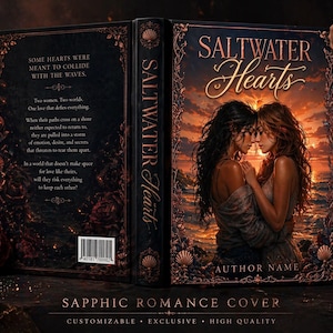 May include: The book cover for "Saltwater Hearts" shows two women in an embrace, set against a sunset. The title is in a flowing script, with the words "Sapphic Romance Cover" at the bottom. The design has a dark, romantic feel.
