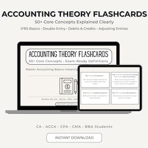 Könnte beinhalten: Ein Laptop und ein Tablet zeigen "ACCOUNTING THEORY FLASHCARDS" mit "50+ Core Concepts Explained Clearly". Die Bildschirme zeigen Karteikarten mit Buchhaltungsbegriffen und Definitionen. Das Bild enthält den Text "Instant Download".