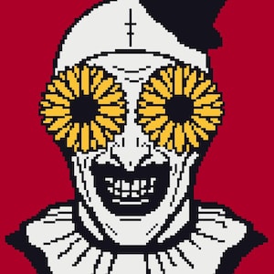 May include: A pixel art illustration of a clown face against a solid red background. The clown has white skin, a black top hat, and a white ruffled collar. Two large yellow daisy-like flowers cover the eyes, and the mouth is wide open in a grin.
