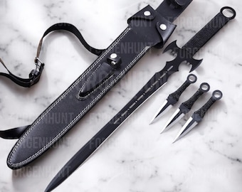 Dark knight ninja bat sword with kunai knife including sheath, Batarang inspired cosplay, life size cosplay prop, Knife collectible men gift