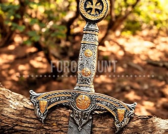 Damascus knight templar sword, holy sword, Medieval sword unique crusader sword, fantasy sword collectible gift for him Christmas gift