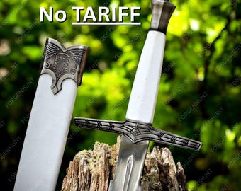 May include: A medieval-style sword with a white handle and silver crossguard and pommel. The sword is displayed with its white sheath. The text "No TARIFF" is displayed above the sword.