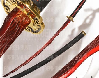 May include: A katana sword with a red and black blade and handle. The sword features a gold-colored guard and accents. The image also shows a black scabbard and a wooden stand. The text "FREE SHIPPING" is at the bottom.