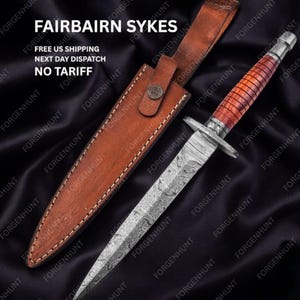 Fairbairn Sykes Damascus dagger with sheath, Commando dagger knife, Camping EDC knife, Collectors gift, Anniversary gift, LARP Cosplay prop