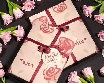 Handgezeichnete Rose Geschenkpapier-Set, Band & Love Tags