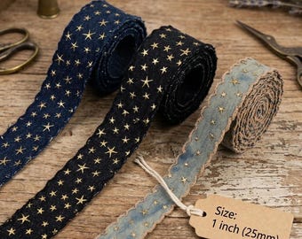 Vintage Denim Ribbon with Gold Stars, 1 Inch Fabric Trim for Crafts