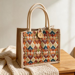 May include: A beige tote bag with a geometric pattern in orange, blue, and brown. The bag has rope handles and a wooden button closure. The bag is sitting on a wooden surface.