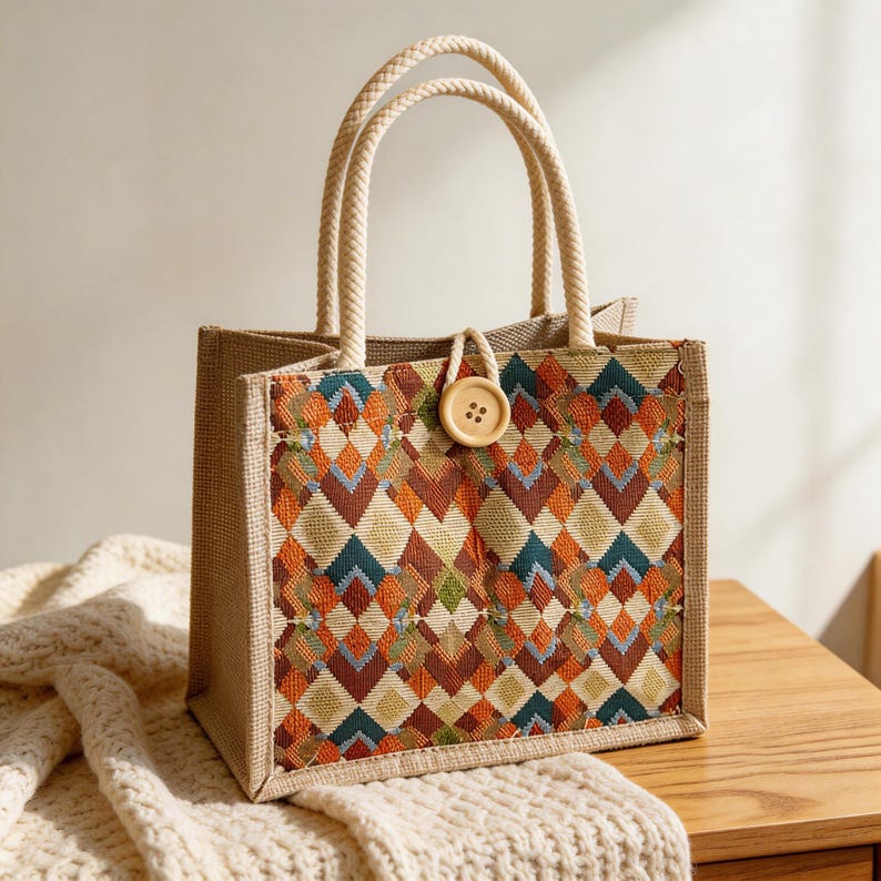 May include: A beige tote bag with a geometric pattern in orange, blue, and brown. The bag has rope handles and a wooden button closure. The bag is sitting on a wooden surface.