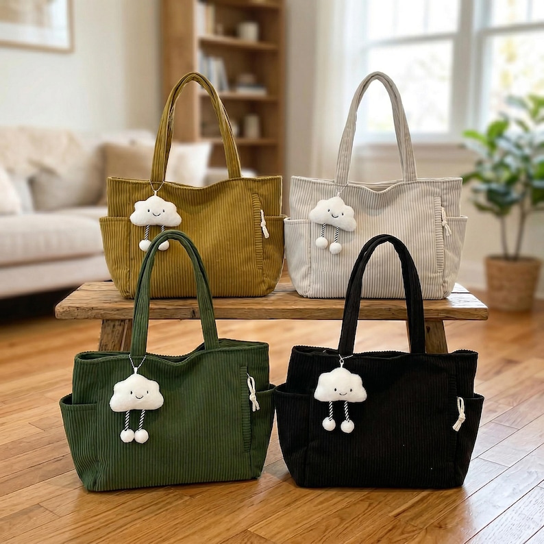Puede incluir: Cuatro bolsos tote de pana en color amarillo mostaza, gris claro, verde oliva y negro. Cada bolso cuenta con dos asas superiores, bolsillos laterales con cierre de cord&oacute;n y un dije de nube blanca con pompones colgantes en el frente.