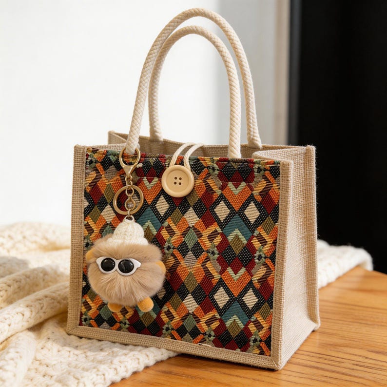 May include: A small tote bag with a geometric patterned front panel in shades of orange, green, and brown. The bag has rope handles and a button closure. A fluffy keychain with sunglasses hangs from the handle. The bag is sitting on a cream-colored knitted blanket.
