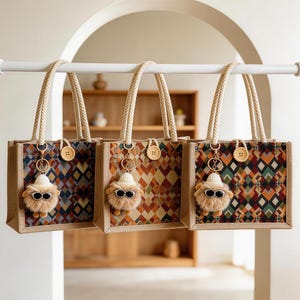 May include: Three tote bags with geometric patterns in shades of brown, orange, and blue. Each bag has rope handles, a wooden button, and a keychain with a fluffy creature wearing sunglasses and a hat. The bags are hanging on a white bar.