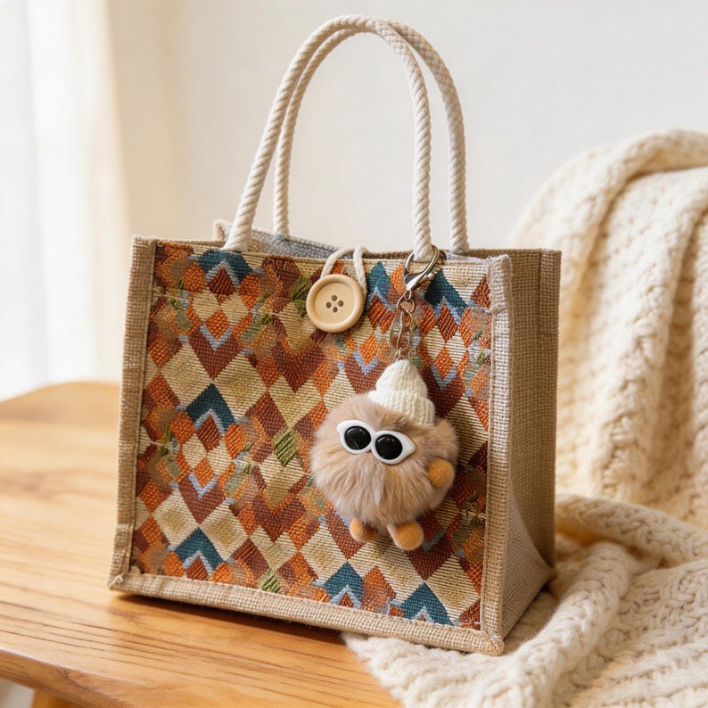 May include: A small tote bag with a geometric pattern in shades of orange, brown, and blue. The bag has rope handles and a decorative button. A fluffy keychain with sunglasses and a small hat hangs from the bag.