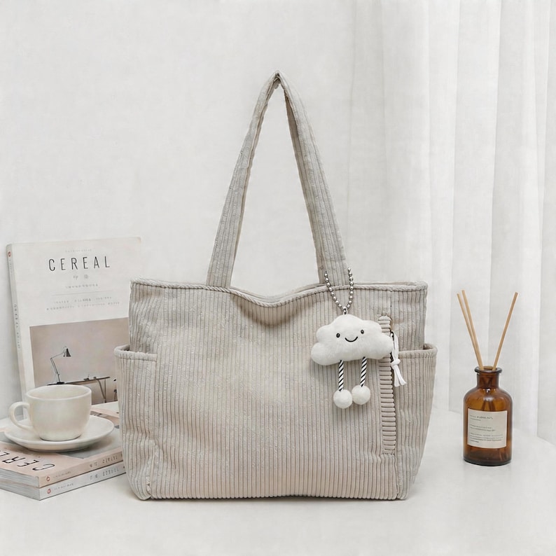 Puede incluir: Un bolso tote de pana en color beige claro con dos correas para el hombro, bolsillos laterales y un compartimento vertical con cremallera. Un dije de peluche blanco con forma de nube, cara sonriente y piernas colgantes est&aacute; sujeto al bolso.