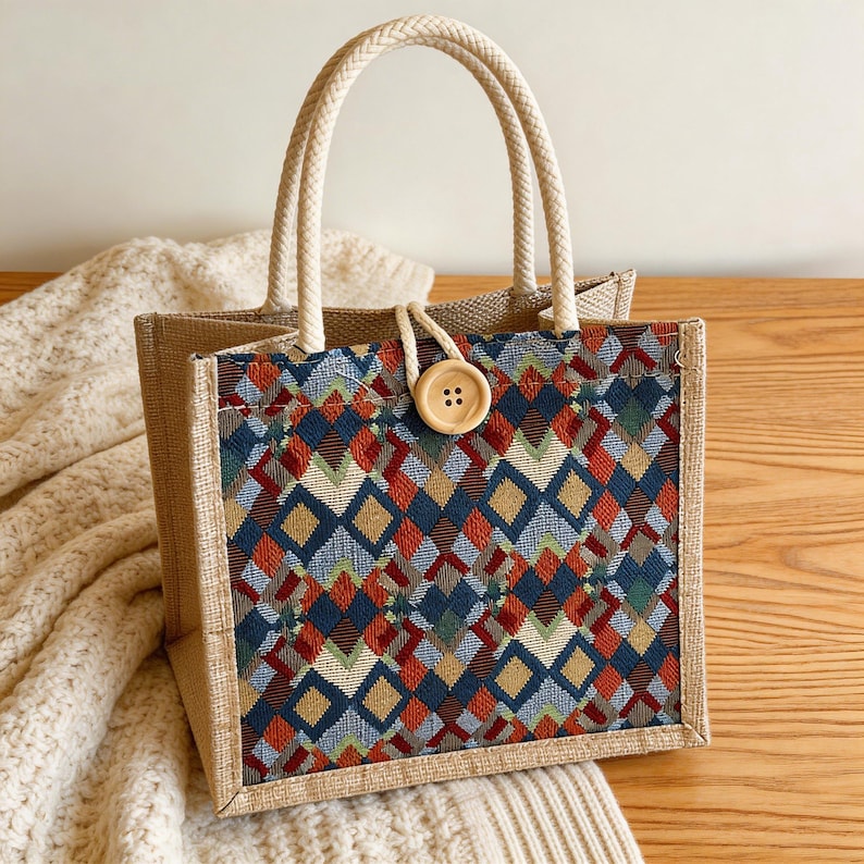 May include: A small tote bag with a woven geometric pattern in shades of blue, red, and orange. The bag has beige rope handles and a wooden button closure. The bag is made of a natural fiber material.