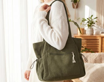 Corduroy Tote Bag, Retro Soft Casual Shoulder Bag with Pockets, Everyday Handbag for School Work Travel, Women’s Fashion Daily Purse