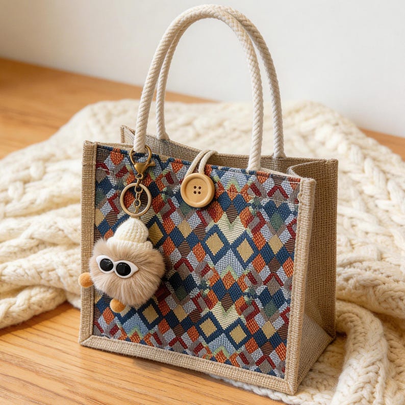 May include: A small tote bag with a woven geometric pattern in shades of blue, orange, and brown. The bag has rope handles and a decorative button closure. A fluffy keychain with sunglasses hangs from the handle.