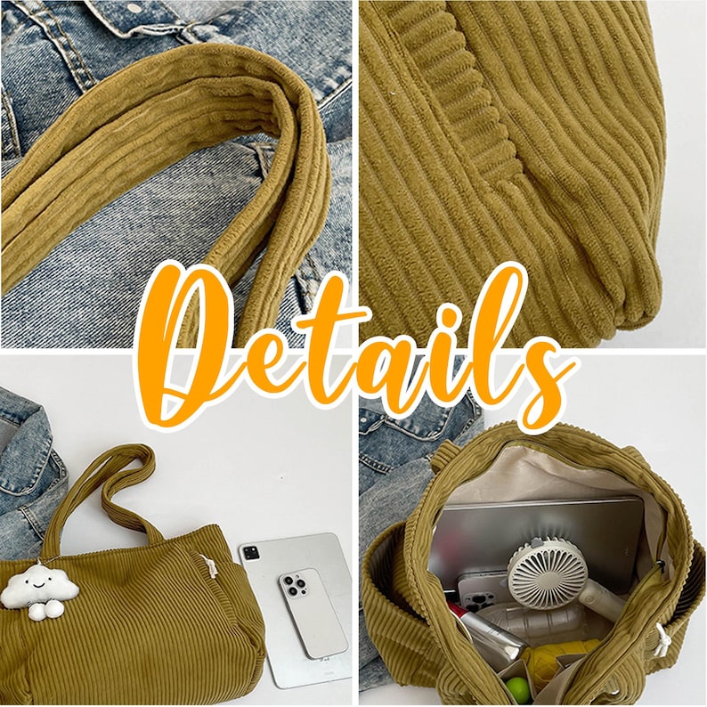 Bolso tote de pana con dije de nube, bolso de hombro de gran capacidad, bolso tote informal para el trabajo para mujer, bolso de mano diario adorable, regalo para ella. imagen 5