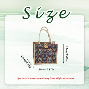 May include: A small tote bag with a geometric pattern in shades of blue, red, and brown. The bag has rope handles and a wooden button closure. Dimensions are 20cm/7.87in wide, 19cm/7.48in high, and 11cm/4.33in deep. The word "Size" is at the top.
