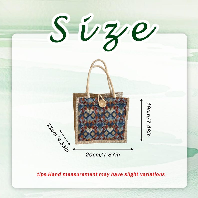 May include: A small tote bag with a geometric pattern in shades of blue, red, and brown. The bag has rope handles and a wooden button closure. Dimensions are 20cm/7.87in wide, 19cm/7.48in high, and 11cm/4.33in deep. The word "Size" is at the top.