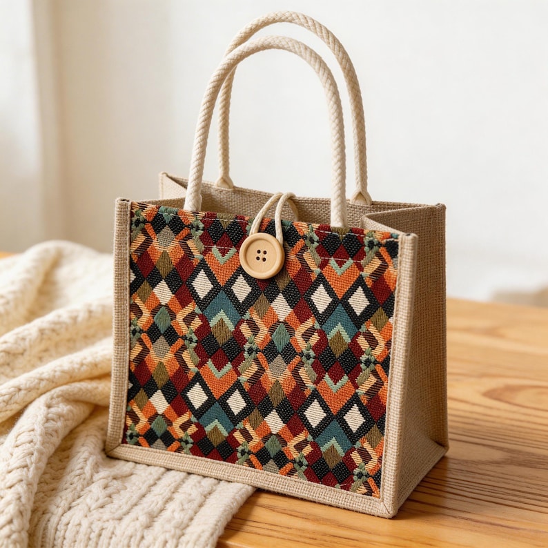 May include: A small tote bag with a geometric pattern in shades of red, orange, green, and black. The bag has a natural jute exterior, rope handles, and a wooden button closure. The bag is designed for carrying small items.