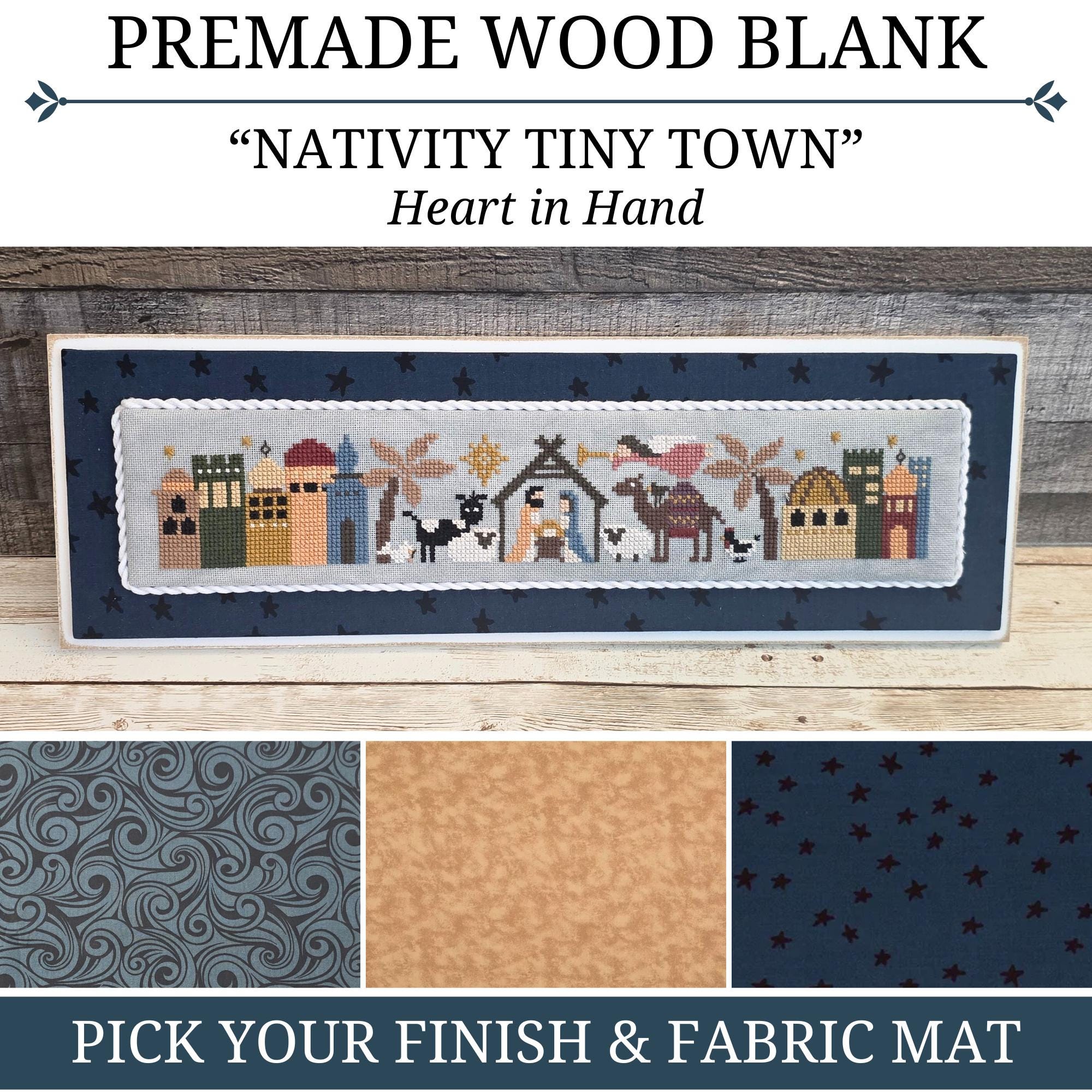 NATIVITY TINY TOWN Premade Wood Blank with Fabric Mat, Heart in Hand Cross Stitch, Cross Stitch Finishing Piece, Finishing Board