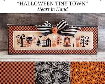 HALLOWEEN TINY TOWN Premade Wood Blank with Fabric Mat, Heart in Hand Cross Stitch, Cross Stitch Finishing Piece, Halloween Finishing Board