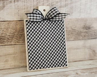 READY TO SHIP Premade Cross Stitch Finishing Piece, Cross Stitch Finishing, White Paddle with Fabric Mat and Bow, Black and White Gingham