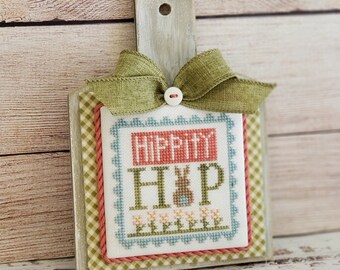 Spring Decor, Spring Paddle, Farmhouse Decor, Shelf Sitter, Finished Cross Stitch, Completed Cross Stitch, Hippity Hop Wood Paddle