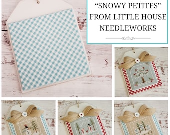 AQUA GINGHAM Wood Tag with Fabric Mat for Little House Needleworks Snowy Petites, Cross Stitch Finishing Piece