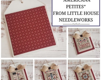 PRIMITIVE RED FLORAL Wood Tag with Fabric Mat, Little House Needleworks Americana Petites, Cross Stitch Finishing Piece