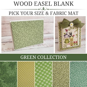 GREEN COLLECTION Wood Easel Blank with Fabric Mat, Cross Stitch Finishing Piece, Wood Stand-Up, Wood Backer, Pick Your Size and Fabric