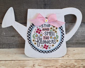WATERING CAN (Farmhouse White) - Cross Stitch Finishing Board, Wood Blank with Fabric Mat, Cross Stitch Backer, Customizable Wood Board