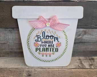 FLOWER POT (Farmhouse White) - Cross Stitch Finishing Board, Wood Blank with Fabric Mat, Cross Stitch Backer, Customizable Wood Board