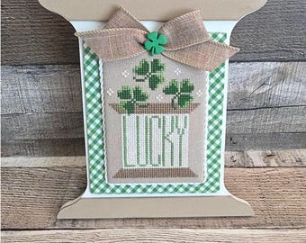 ST PATTYS SPOOL (Basic White) - Cross Stitch Finishing Board, Wood Blank with Fabric Mat, Cross Stitch Backer, Wood Spool