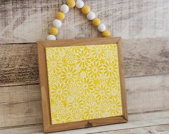 READY TO SHIP Premade Cross Stitch Finishing Piece, Premade Wood Hanging Sign with Fabric Mat, Yellow Daisies