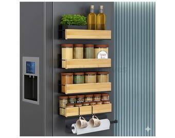 Kitchen Magnetic Spice Rack with Hooks & Paper Towel Bar