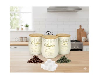 Coffee Tea Sugar Canister Set, Farmhouse Kitchen Canisters with Bamboo Lids