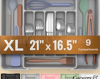 Organizador de cubiertos extragrande y expandible con cajón ajustable, bandeja para cubiertos y almacenamiento libre de BPA.