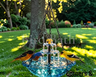 Fuente solar colgante para pájaros con bomba, elemento decorativo para jardín o patio.