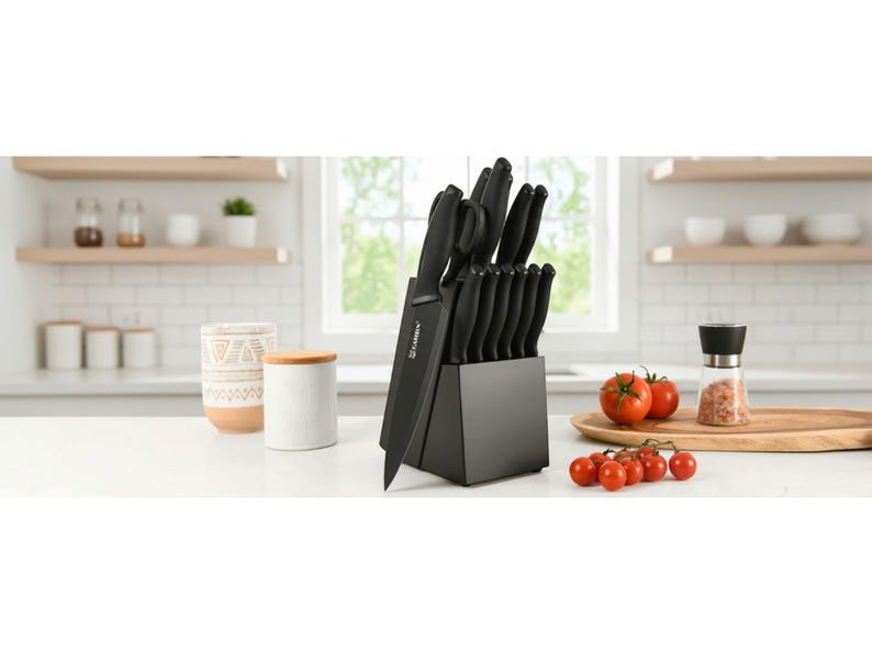 Modern kitchen knife block with steak knives