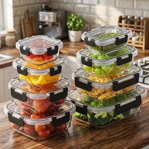 May include: A set of clear glass food storage containers with black locking lids. The containers are stacked in two columns and filled with various fresh produce including strawberries, cherry tomatoes, bell peppers, peas, grapes, pasta, and broccoli.