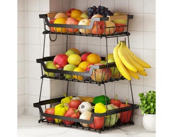 3-Tier Metal Fruit Basket with Banana Hangers: Black Kitchen Organizer