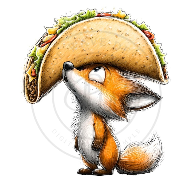 May include: A cartoon illustration of a fox looking up at a large taco. The fox is orange and white with a fluffy tail. The taco is filled with lettuce, tomatoes, and meat.