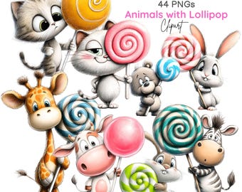 Imágenes prediseñadas de animales con piruletas, animales de caramelo caprichosos, gráficos kawaii, ilustraciones de dulces (44 PNG)