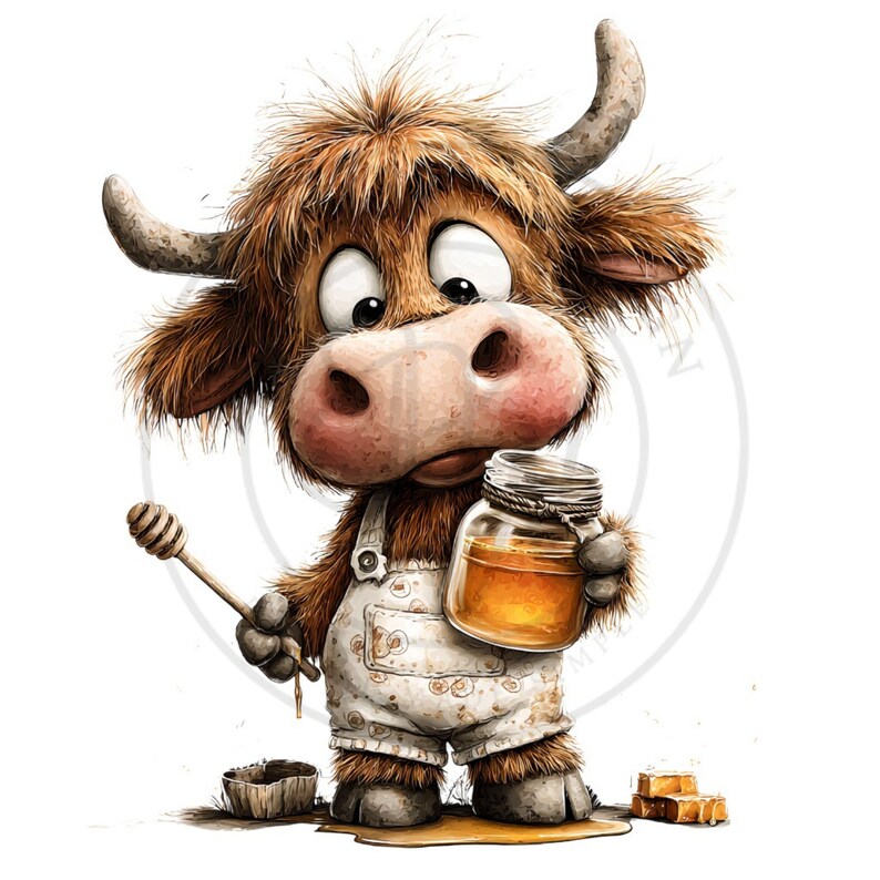 May include: A cartoon illustration of a brown Highland cow wearing overalls, holding a jar of honey and a honey dipper. The cow has large eyes and a pink nose. Honeycombs and a small bowl are at the cow's feet.